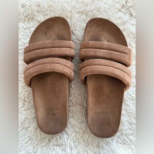 Varley Women's Giles Quilted Slides, Brown Double Strap Sandals